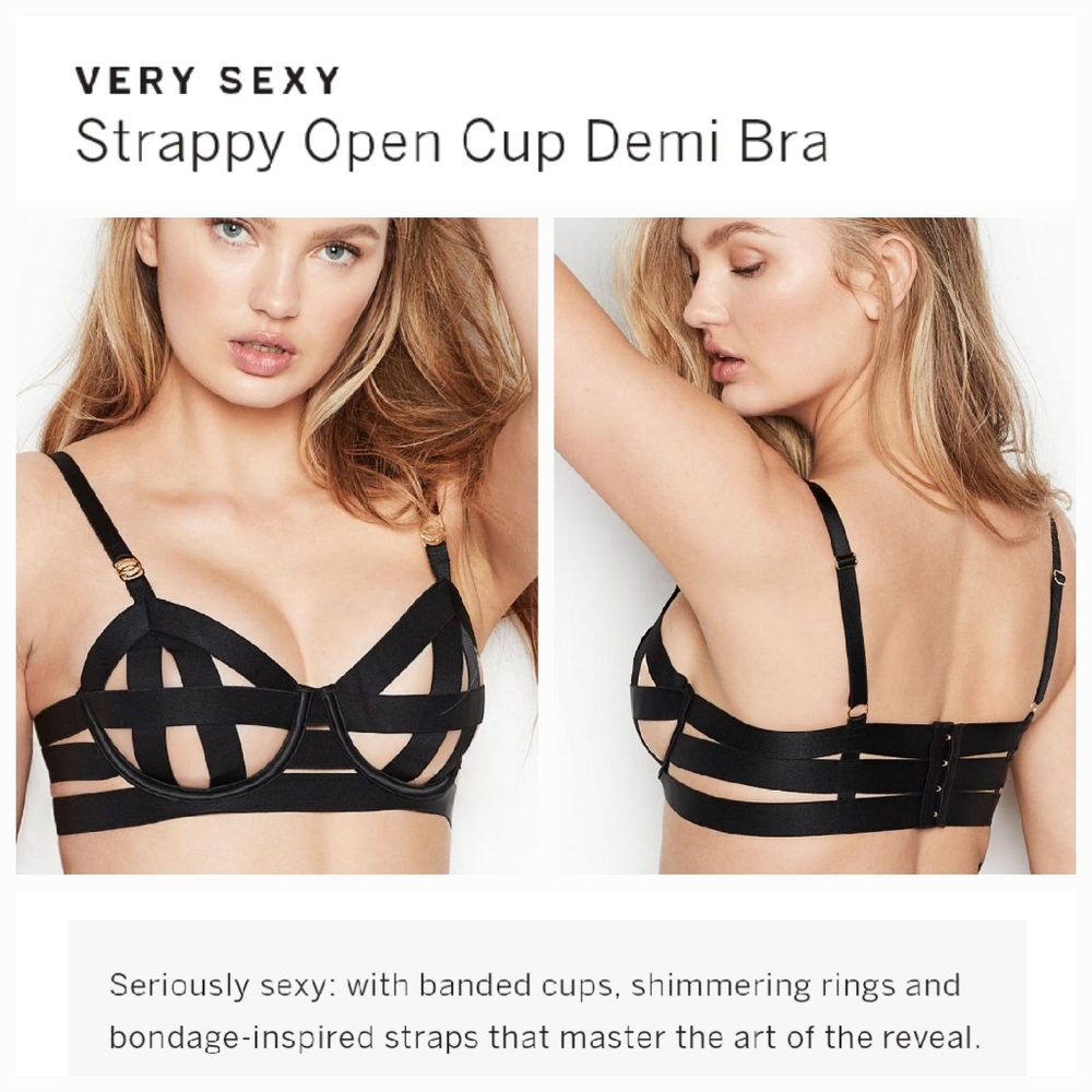 Victoria's secret very sexy strappy open cup demi bra 32 DD BLACK
